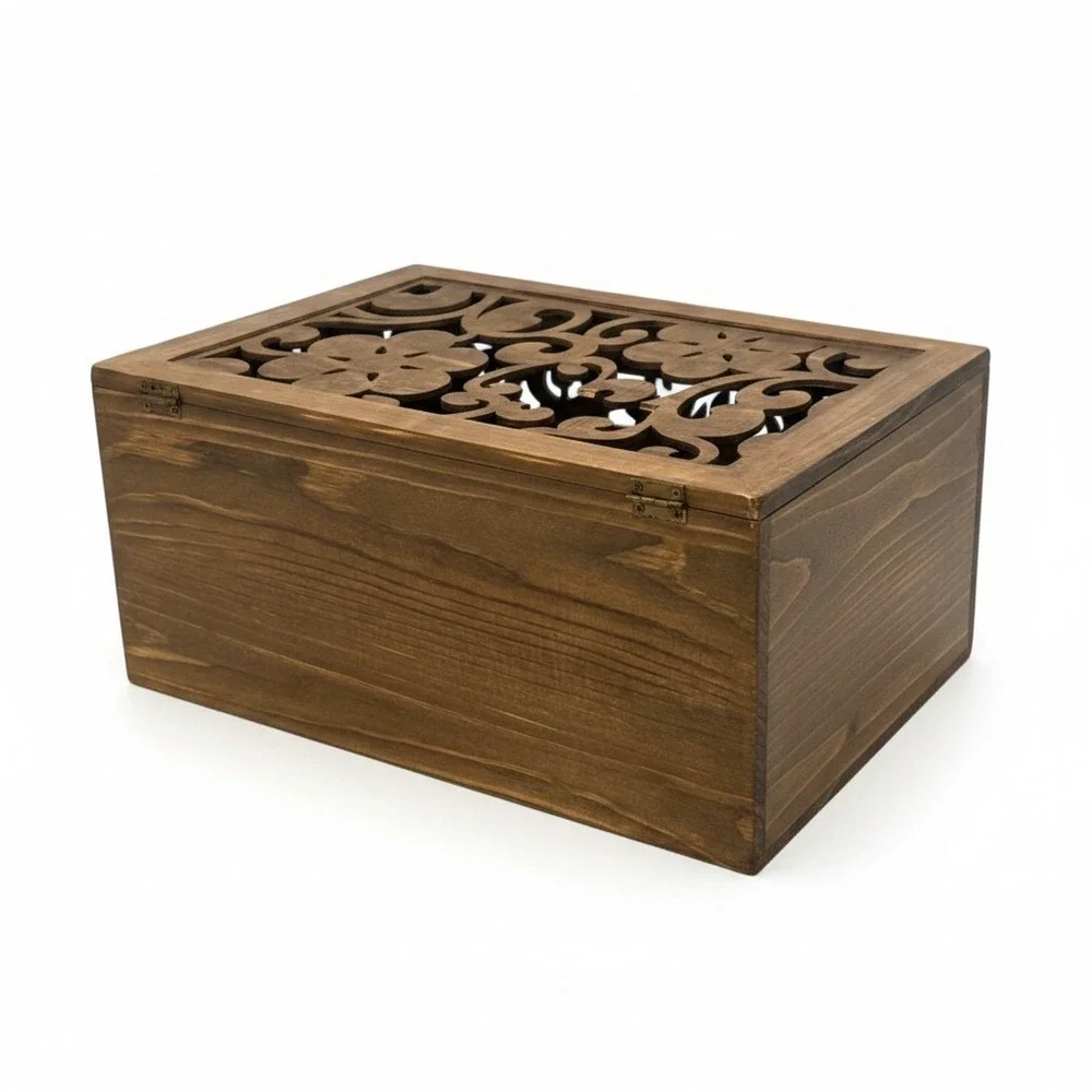 Laser Cut Wooden Keepsake Box Large Brown Floral Filigree Carved Latch Chest